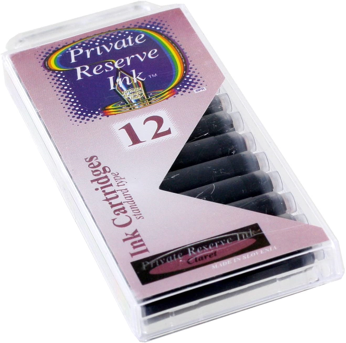 12 Pack - Private Reserve Ink, Universal Fountain Pen Ink Cartridges Clear Case, Claret by Lanier Pens