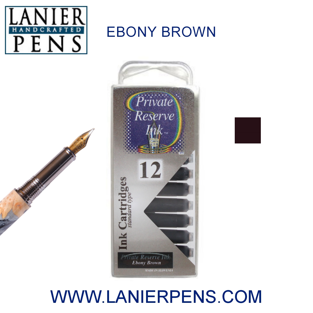 12 Pack - Private Reserve Ink, Universal Fountain Pen Ink Cartridges Clear Case, Ebony Brown by Lanier Pens