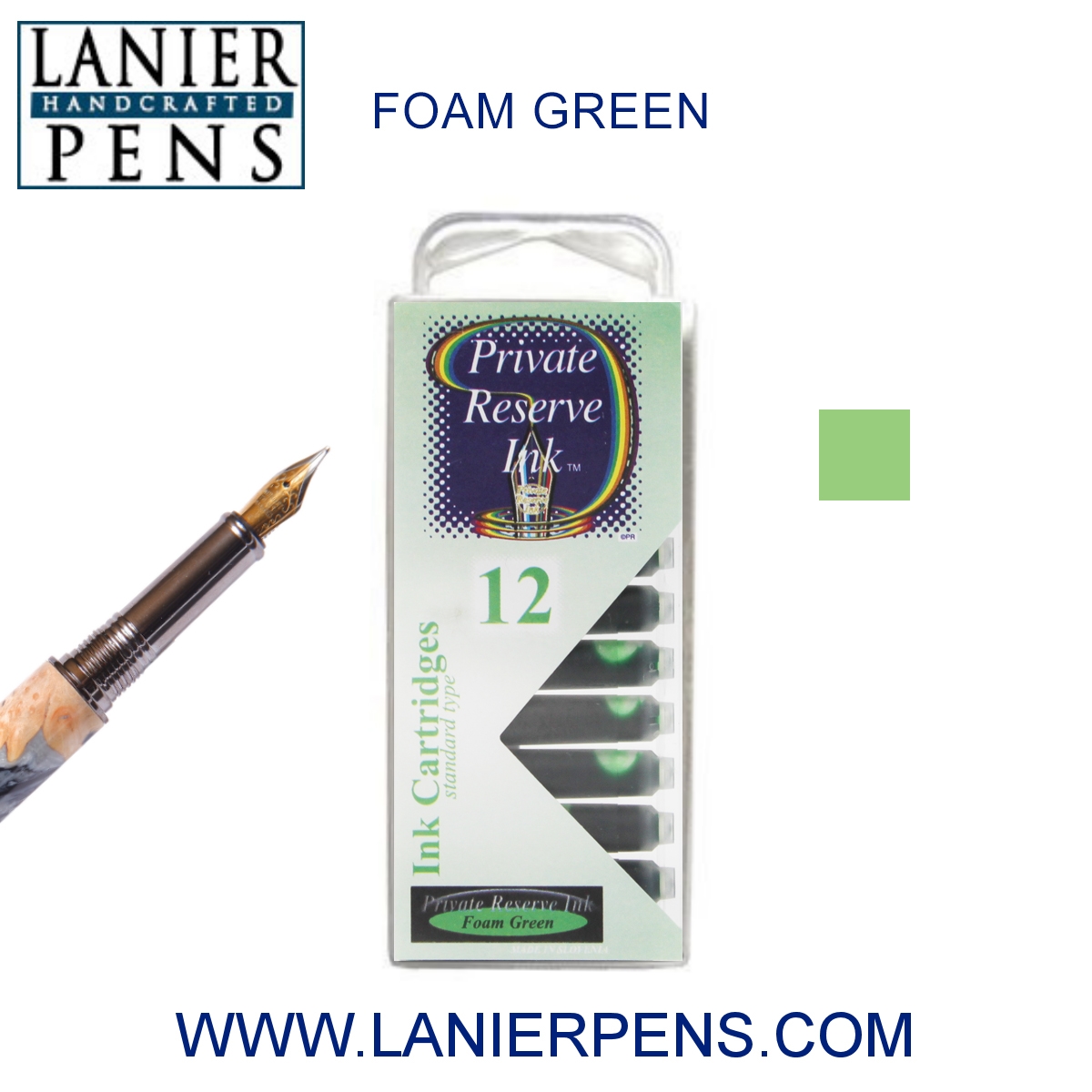 12 Pack - Private Reserve Ink, Universal Fountain Pen Ink Cartridges Clear Case, Foam Green - Lanier Pens