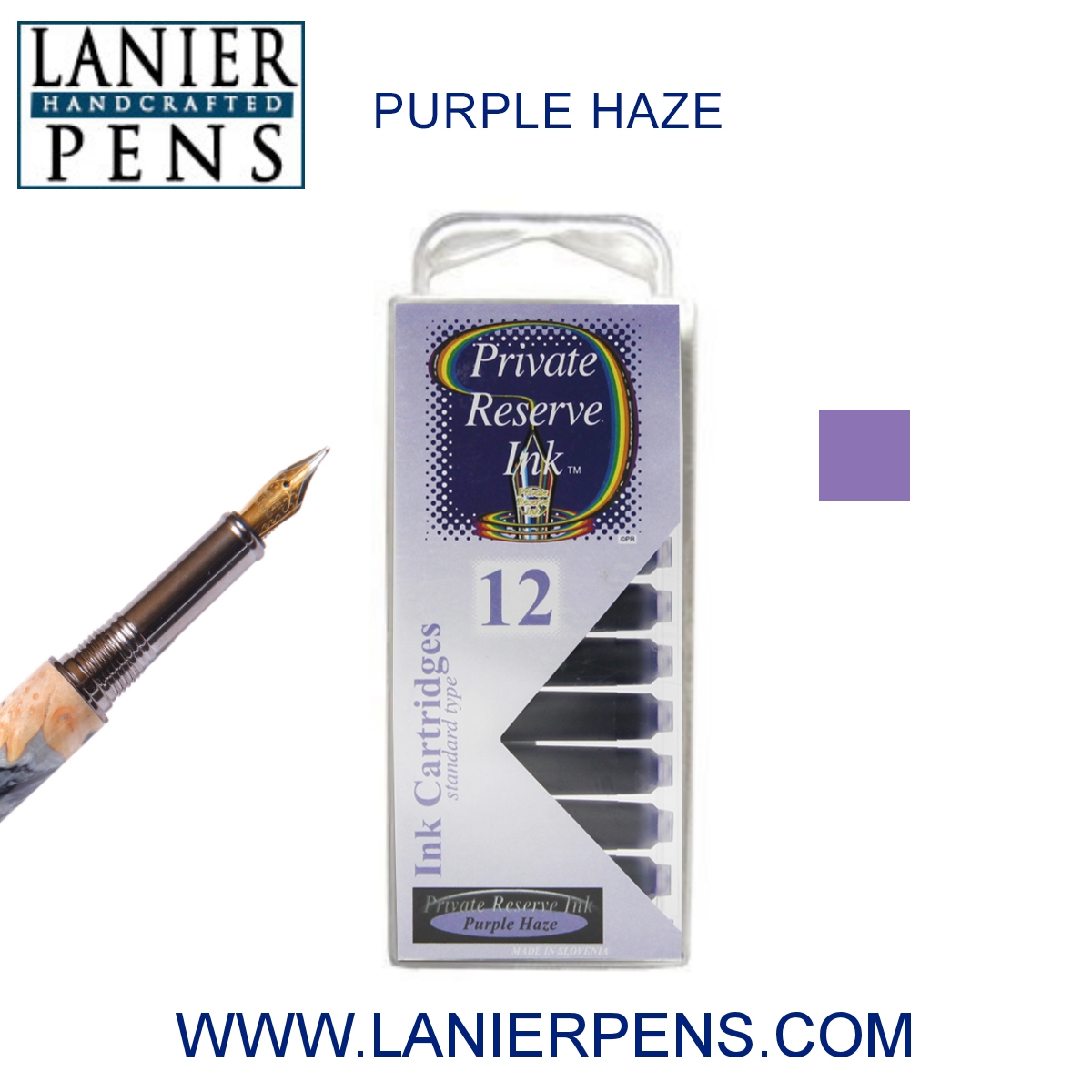 12 Pack - Private Reserve Ink, Universal Fountain Pen Ink Cartridges Clear Case, Purple Haze by Lanier Pens