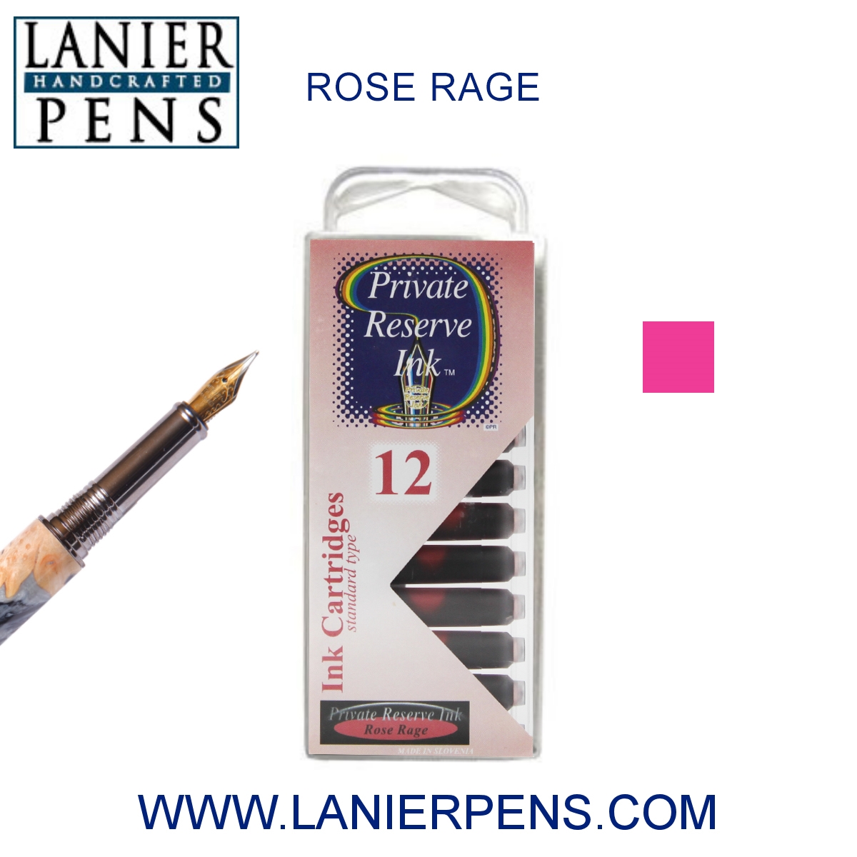 12 Pack - Private Reserve Ink, Universal Fountain Pen Ink Cartridges Clear Case, Rose Rage by Lanier Pens