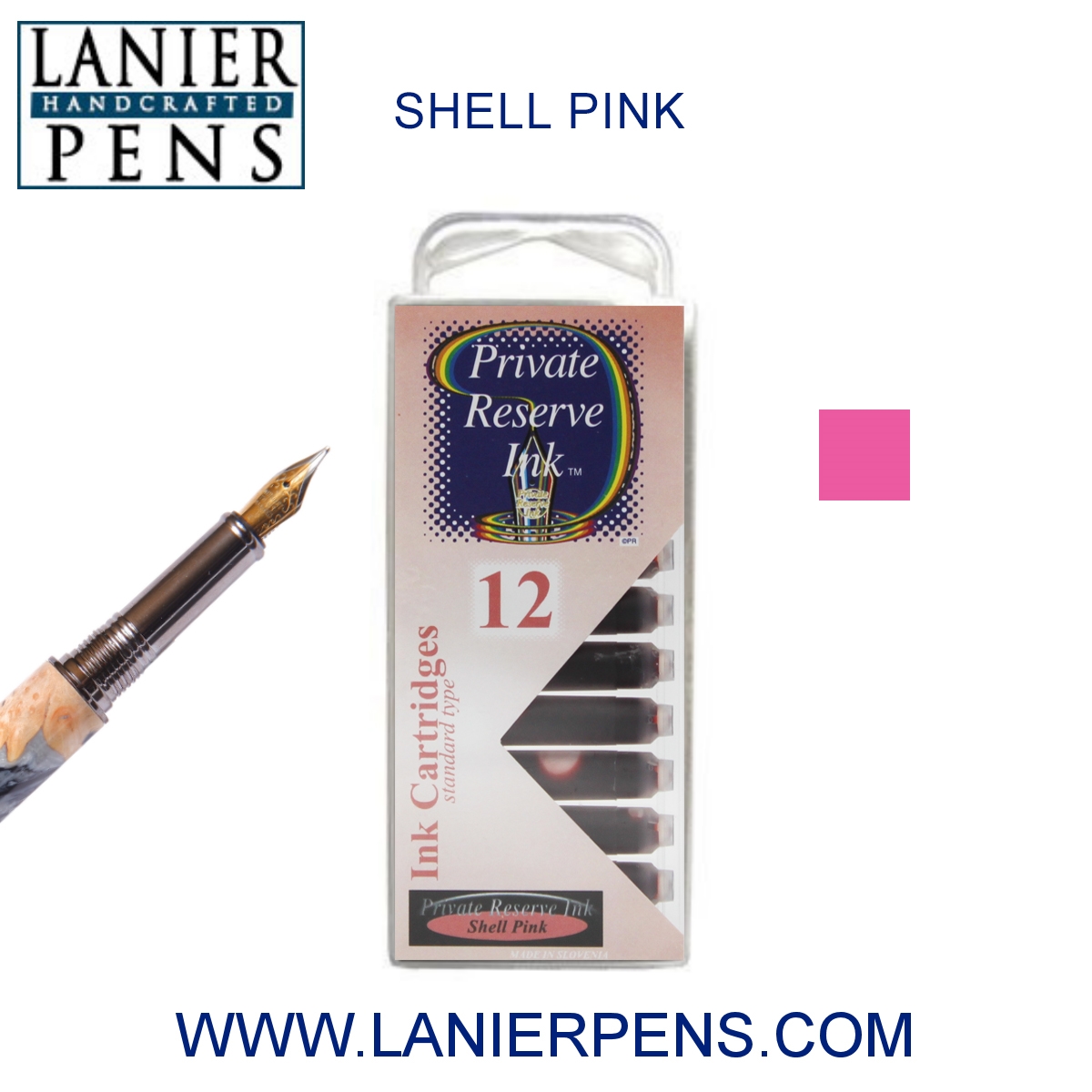 12 Pack - Private Reserve Ink, Universal Fountain Pen Ink Cartridges Clear Case, Shell Pink by Lanier Pens