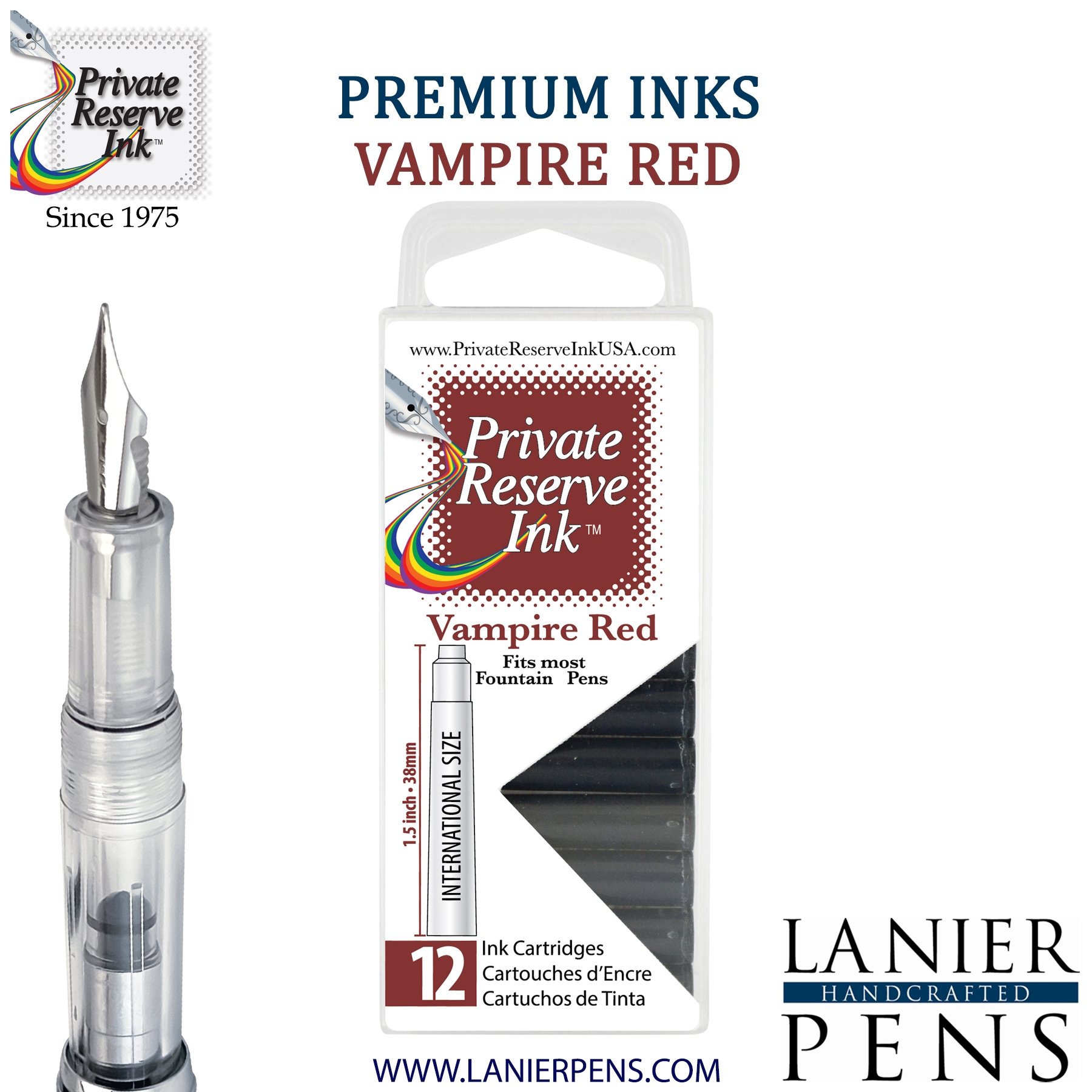 12 Pack - Private Reserve Ink, Universal Fountain Pen Ink Cartridges Clear Case, Vampire Red by Lanier Pens