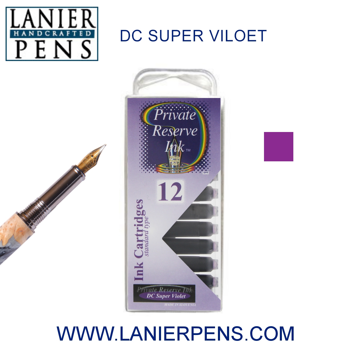 12 Pack - Private Reserve Ink, Universal Fountain Pen Ink Cartridges Clear Case, DC Super Violet by Lanier Pens