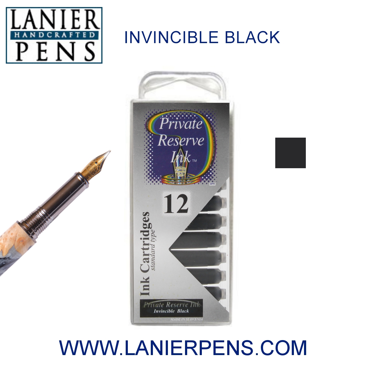 12 Pack - Private Reserve Ink, Universal Fountain Pen Ink Cartridges Clear Case, Invincible Black by Lanier Pens