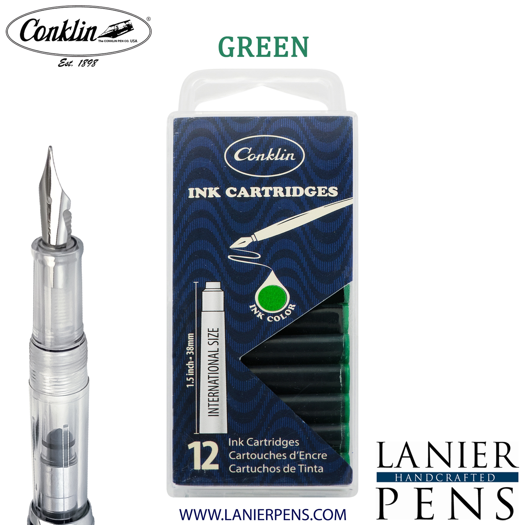 12 Pack Conklin Ink Cartridges - Green By Lanier Pens