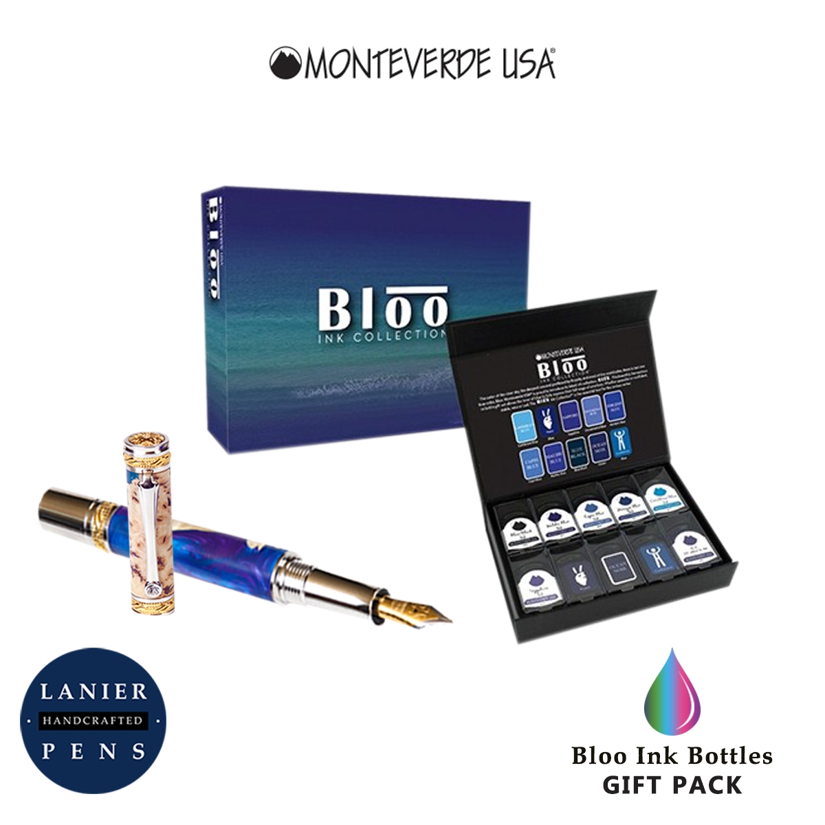 Monteverde MV12377 10 Piece Fountain Pen Ink Bottle Gift Set- Bloo Collection