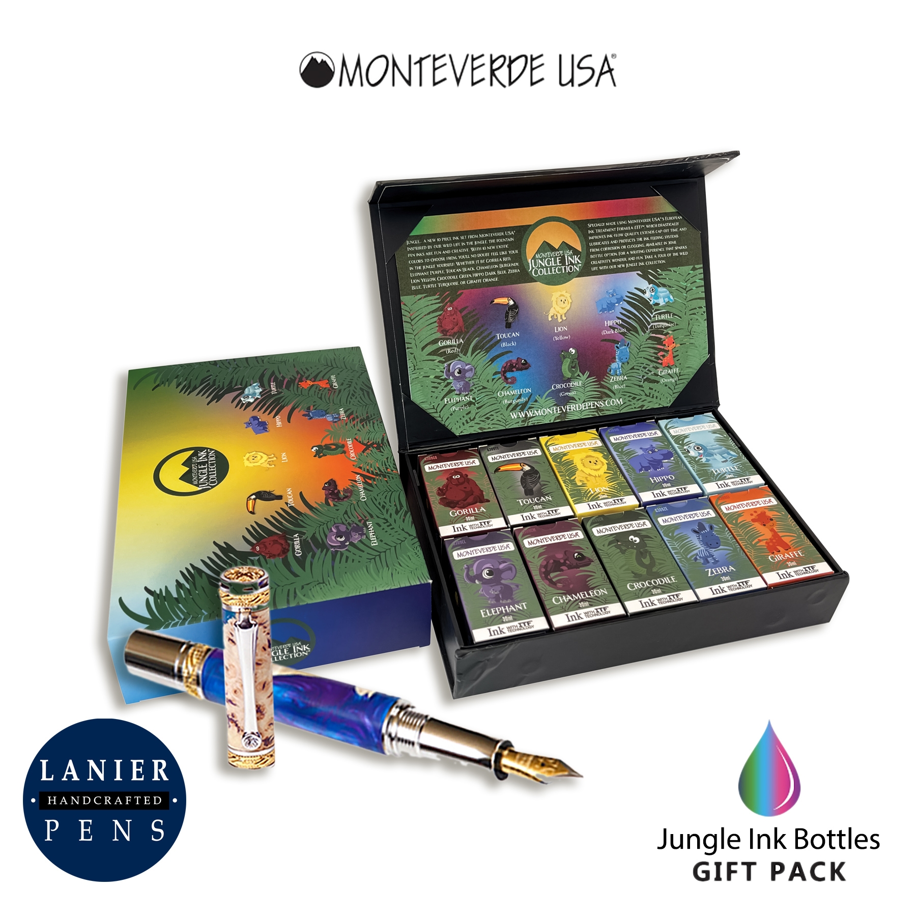 Monteverde MV12379 10 Piece Fountain Pen Ink Bottle Gift Set-Jungle Ink Collection
