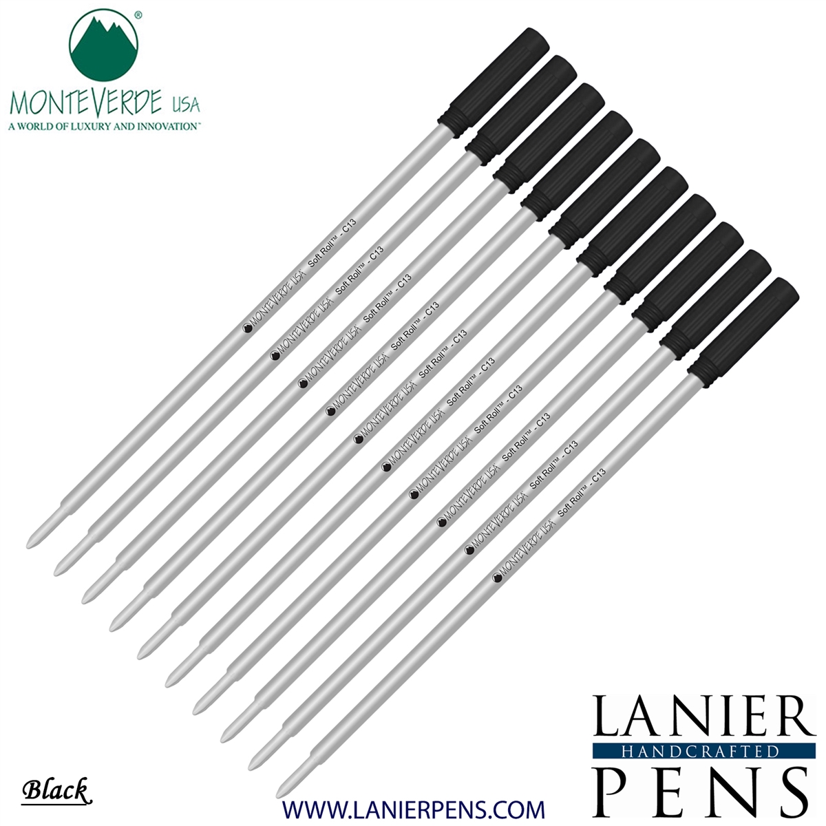 10 Pack - Monteverde Soft Roll Ballpoint C13 Paste Ink Refill Compatible with most Cross Style Ballpoint Pens - Black (Medium Tip 0.7mm) - Lanier Pens