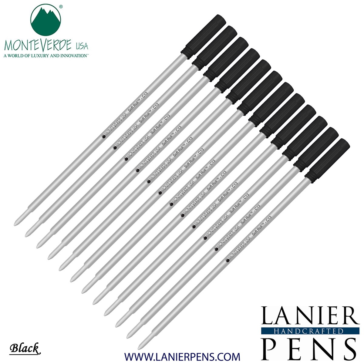 12 Pack - Monteverde Soft Roll Ballpoint C13 Paste Ink Refill Compatible with most Cross Style Ballpoint Pens - Black (Medium Tip 0.7mm) - Lanier Pens