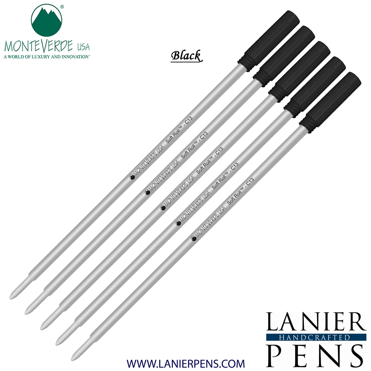 5 Pack - Monteverde Soft Roll Ballpoint C13 Paste Ink Refill Compatible with most Cross Style Ballpoint Pens - Black (Medium Tip 0.7mm) - Lanier Pens
