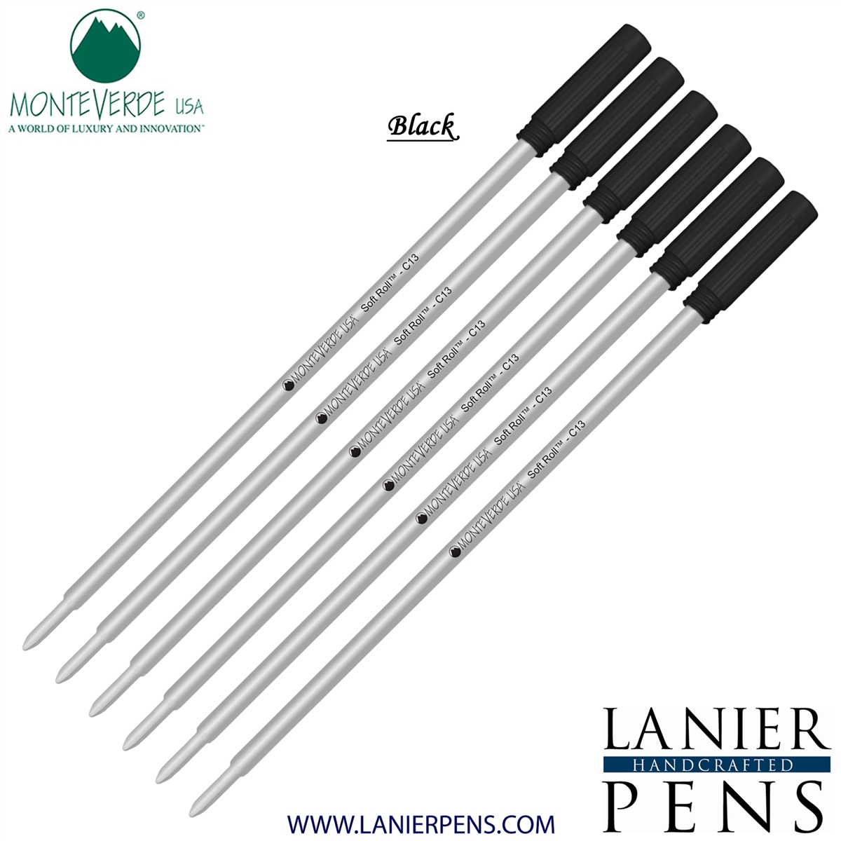 6 Pack - Monteverde Soft Roll Ballpoint C13 Paste Ink Refill Compatible with most Cross Style Ballpoint Pens - Black (Medium Tip 0.7mm) - Lanier Pens