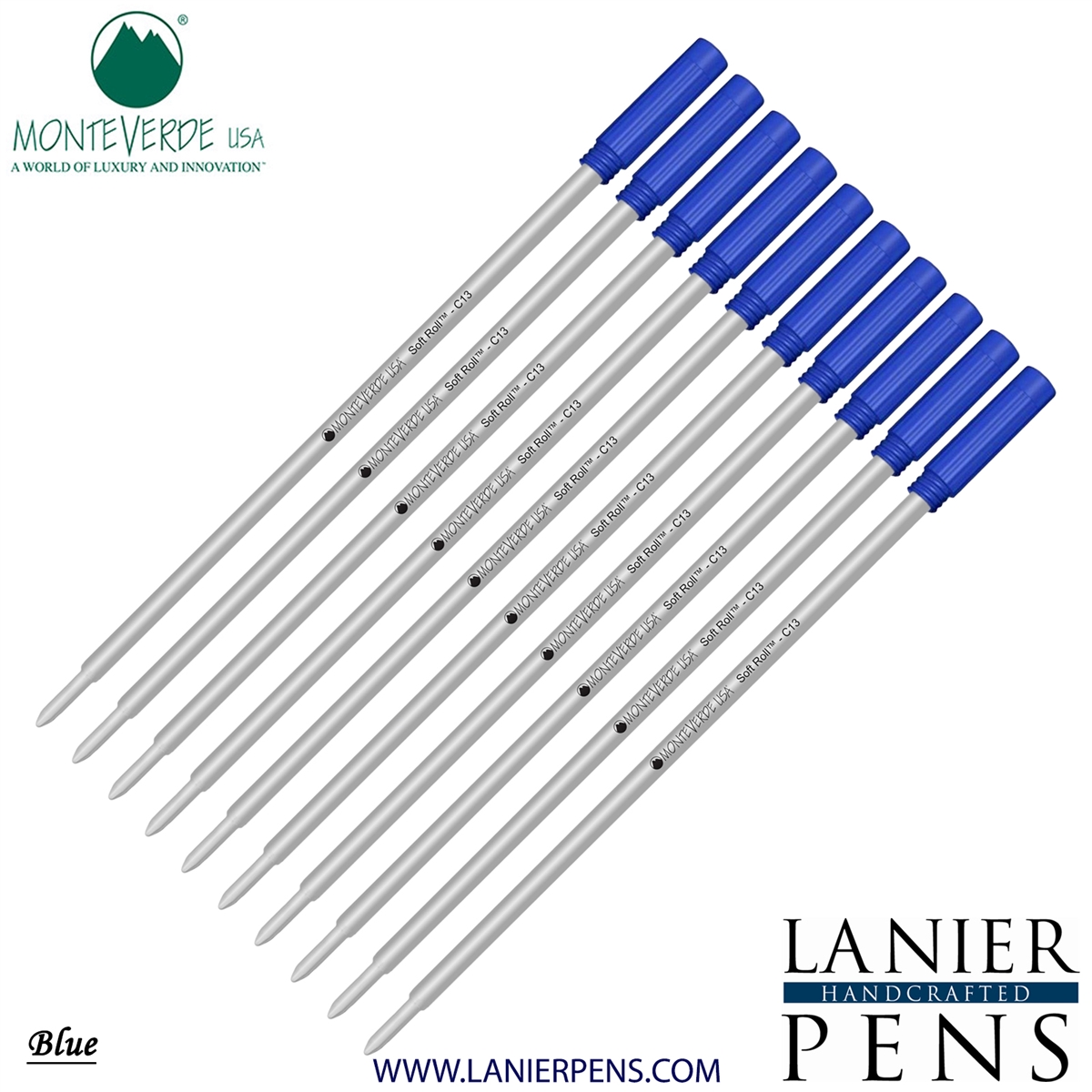 10 Pack - Monteverde Soft Roll Ballpoint C13 Paste Ink Refill Compatible with most Cross Style Ballpoint Pens - Blue (Medium Tip 0.7mm) - Lanier Pens