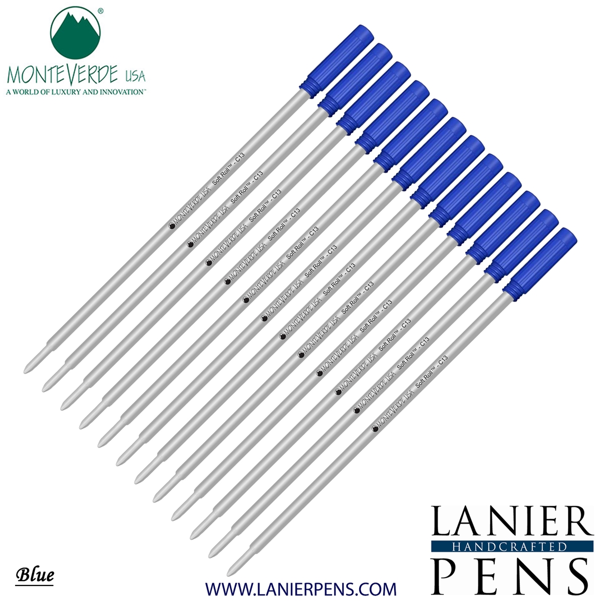 12 Pack - Monteverde Soft Roll Ballpoint C13 Paste Ink Refill Compatible with most Cross Style Ballpoint Pens - Blue (Medium Tip 0.7mm) - Lanier Pens