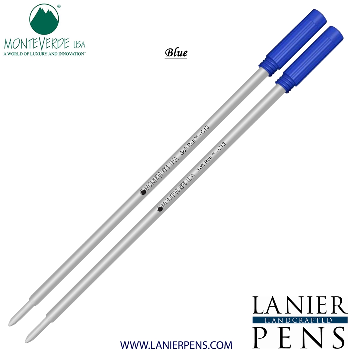 2 Pack - Monteverde Soft Roll Ballpoint C13 Paste Ink Refill Compatible with most Cross Style Ballpoint Pens - Blue (Medium Tip 0.7mm) - Lanier Pens