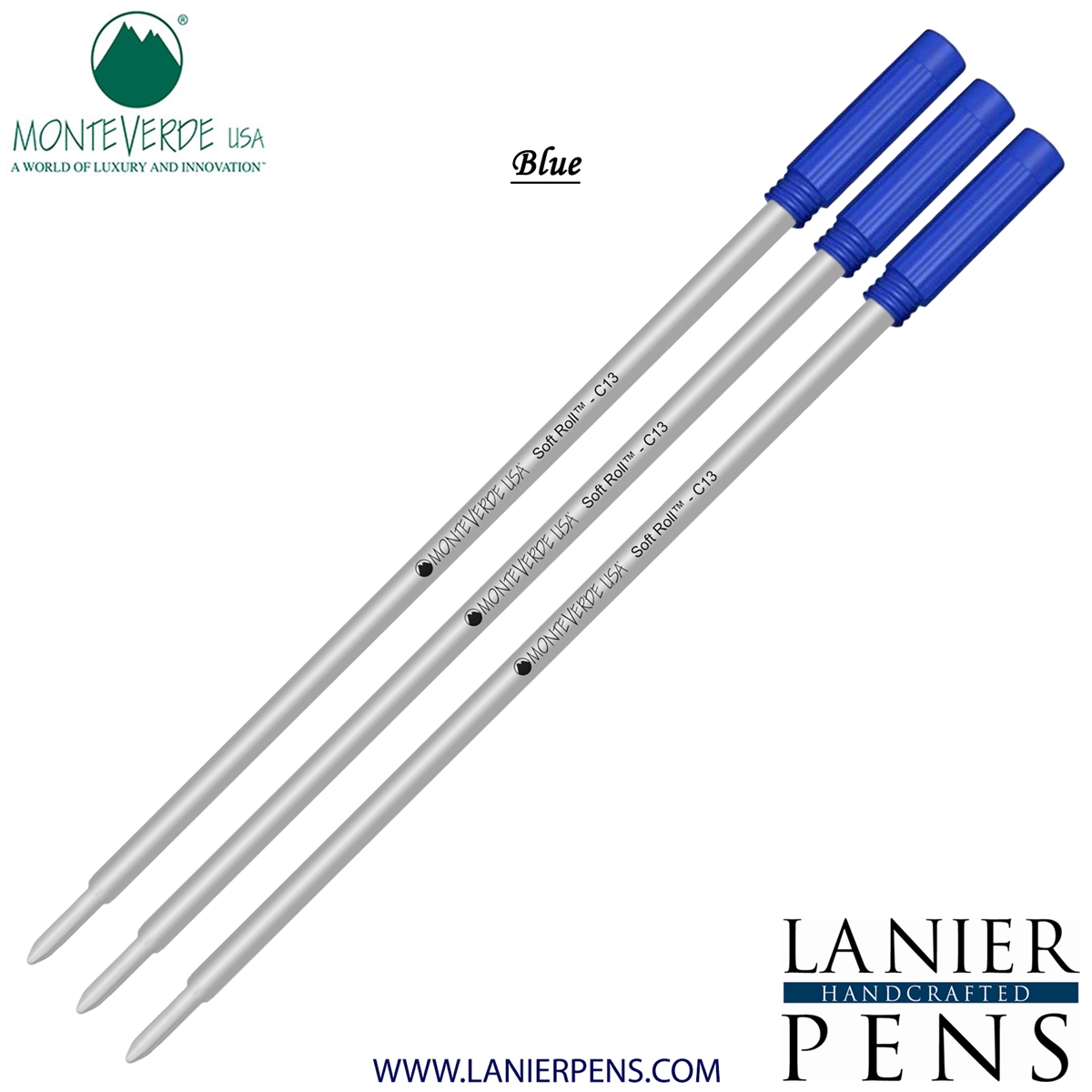 3 Pack - Monteverde Soft Roll Ballpoint C13 Paste Ink Refill Compatible with most Cross Style Ballpoint Pens - Blue (Medium Tip 0.7mm) - Lanier Pens
