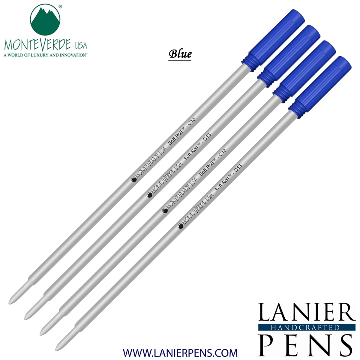 4 Pack - Monteverde Soft Roll Ballpoint C13 Paste Ink Refill Compatible with most Cross Style Ballpoint Pens - Blue (Medium Tip 0.7mm) - Lanier Pens