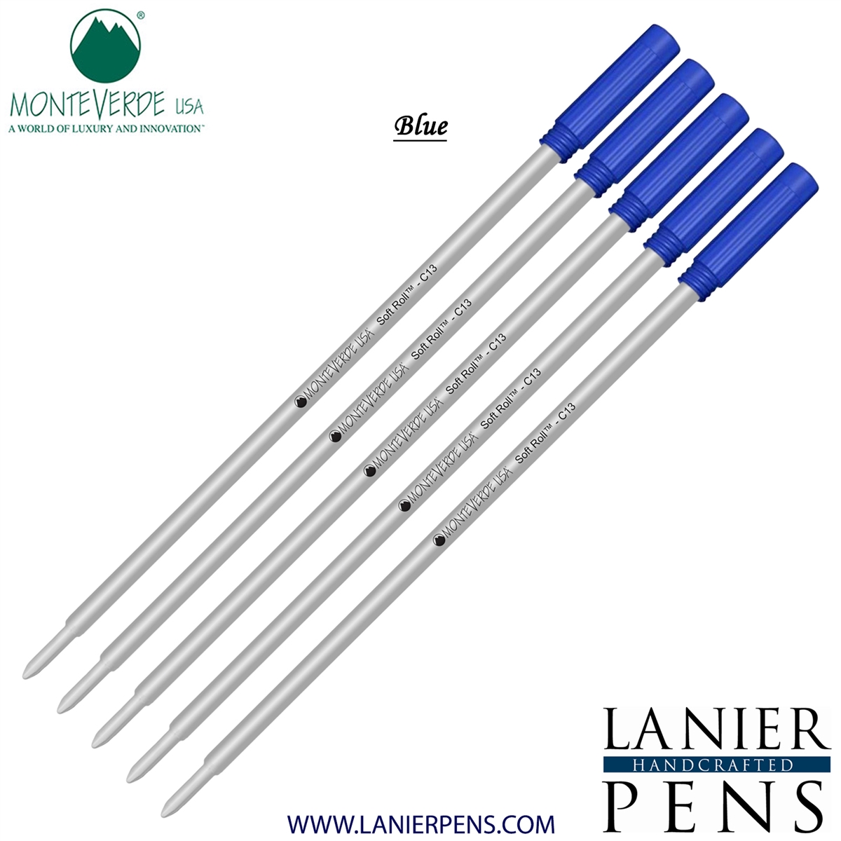 5 Pack - Monteverde Soft Roll Ballpoint C13 Paste Ink Refill Compatible with most Cross Style Ballpoint Pens - Blue (Medium Tip 0.7mm) - Lanier Pens