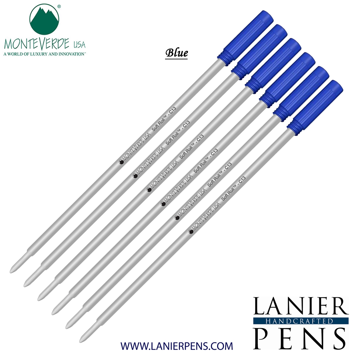 6 Pack - Monteverde Soft Roll Ballpoint C13 Paste Ink Refill Compatible with most Cross Style Ballpoint Pens - Blue (Medium Tip 0.7mm) - Lanier Pens
