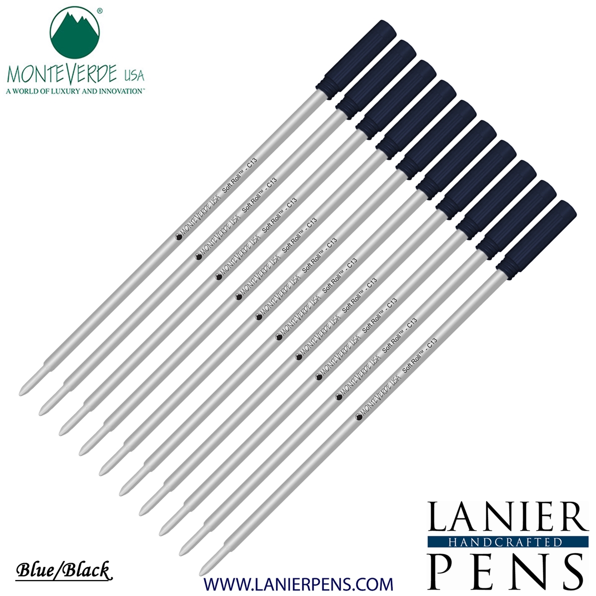 10 Pack - Monteverde Soft Roll Ballpoint C13 Paste Ink Refill Compatible with most Cross Style Ballpoint Pens - BlueBlack (Medium Tip 0.7mm) - Lanier Pens