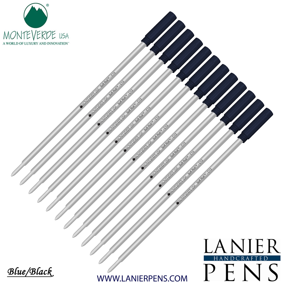 12 Pack - Monteverde Soft Roll Ballpoint C13 Paste Ink Refill Compatible with most Cross Style Ballpoint Pens - BlueBlack (Medium Tip 0.7mm) - Lanier Pens