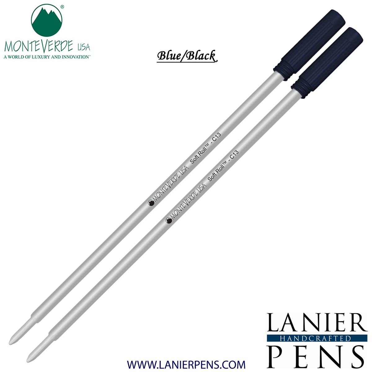 2 Pack - Monteverde Soft Roll Ballpoint C13 Paste Ink Refill Compatible with most Cross Style Ballpoint Pens - BlueBlack (Medium Tip 0.7mm) - Lanier Pens