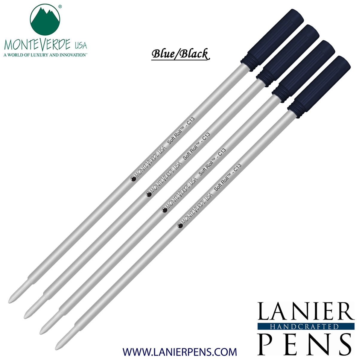 4 Pack - Monteverde Soft Roll Ballpoint C13 Paste Ink Refill Compatible with most Cross Style Ballpoint Pens - BlueBlack (Medium Tip 0.7mm) - Lanier Pens