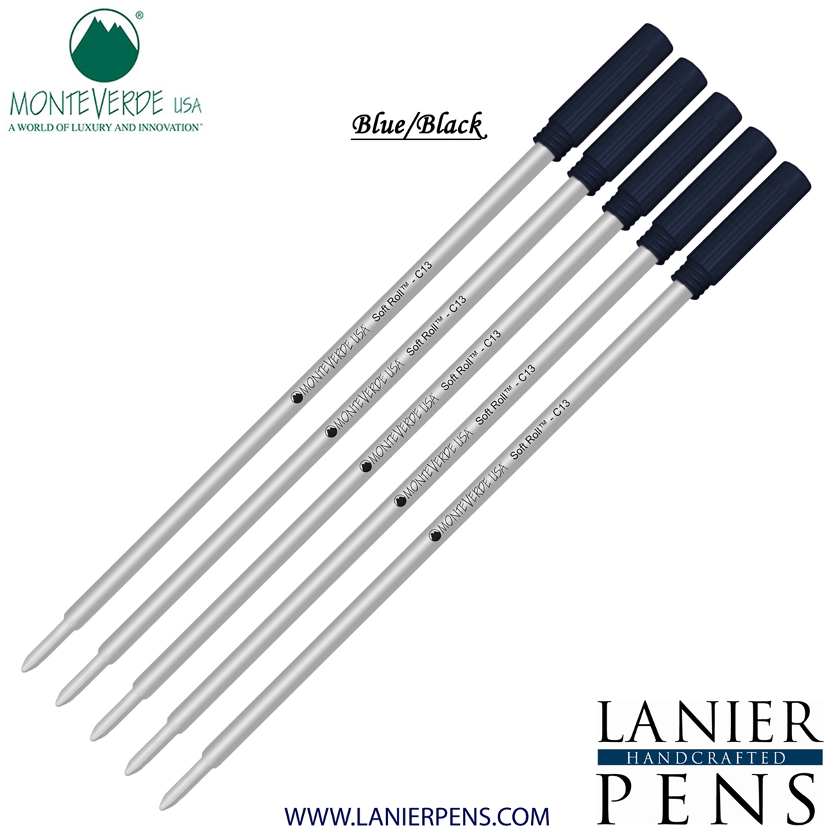 5 Pack - Monteverde Soft Roll Ballpoint C13 Paste Ink Refill Compatible with most Cross Style Ballpoint Pens - BlueBlack (Medium Tip 0.7mm) - Lanier Pens