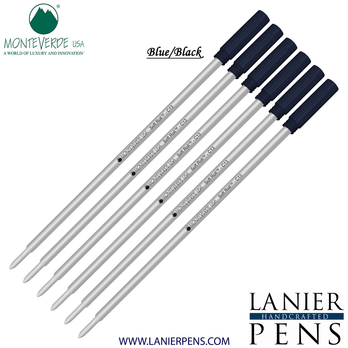 6 Pack - Monteverde Soft Roll Ballpoint C13 Paste Ink Refill Compatible with most Cross Style Ballpoint Pens - BlueBlack (Medium Tip 0.7mm) - Lanier Pens