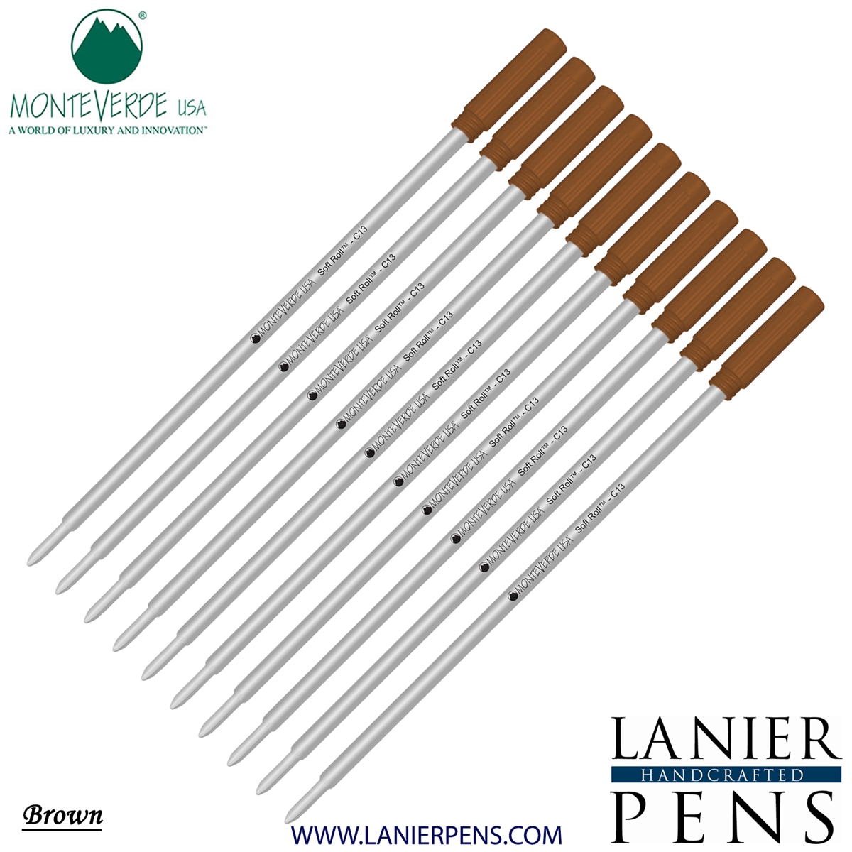 10 Pack - Monteverde Soft Roll Ballpoint C13 Paste Ink Refill Compatible with most Cross Style Ballpoint Pens - Brown (Medium Tip 0.7mm) - Lanier Pens