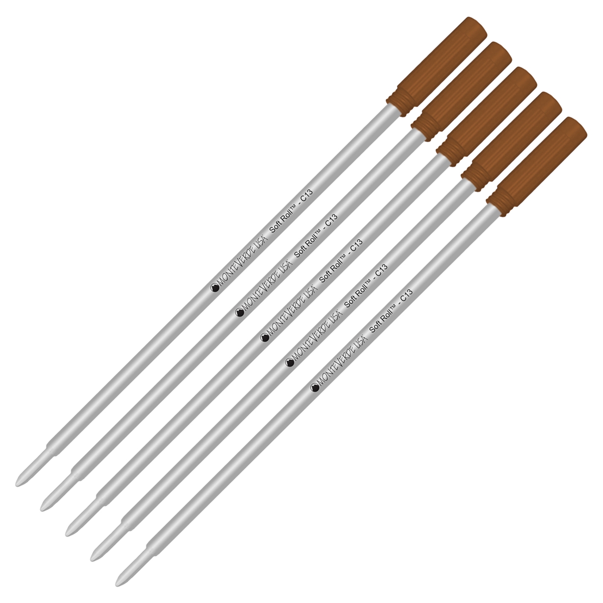 5 Pack - Monteverde Soft Roll Ballpoint C13 Paste Ink Refill Compatible with most Cross Style Ballpoint Pens - Brown (Medium Tip 0.7mm) - Lanier Pens