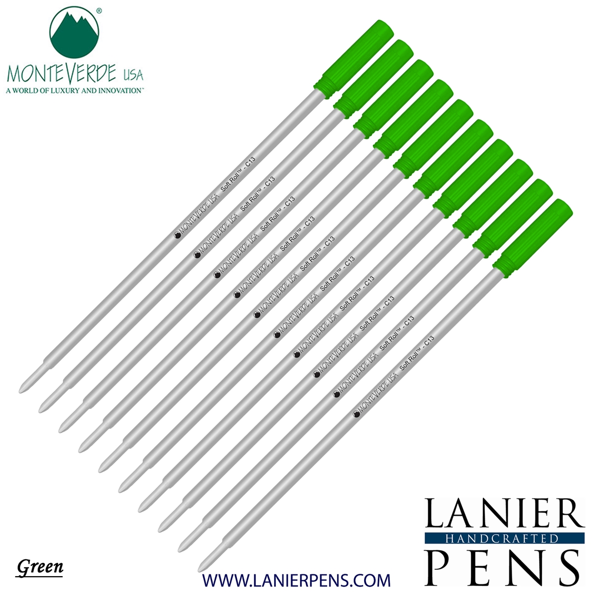 10 Pack - Monteverde Soft Roll Ballpoint C13 Paste Ink Refill Compatible with most Cross Style Ballpoint Pens - Green (Medium Tip 0.7mm) - Lanier Pens