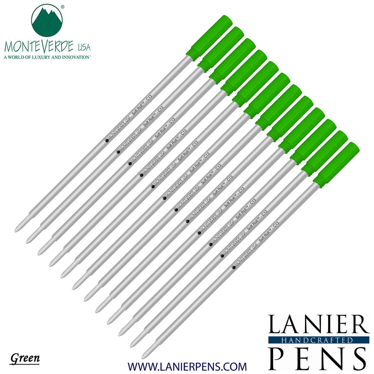 12 Pack - Monteverde Soft Roll Ballpoint C13 Paste Ink Refill Compatible with most Cross Style Ballpoint Pens - Green (Medium Tip 0.7mm) - Lanier Pens