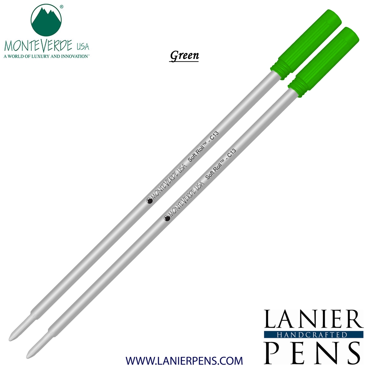 2 Pack - Monteverde Soft Roll Ballpoint C13 Paste Ink Refill Compatible with most Cross Style Ballpoint Pens - Green (Medium Tip 0.7mm) - Lanier Pens
