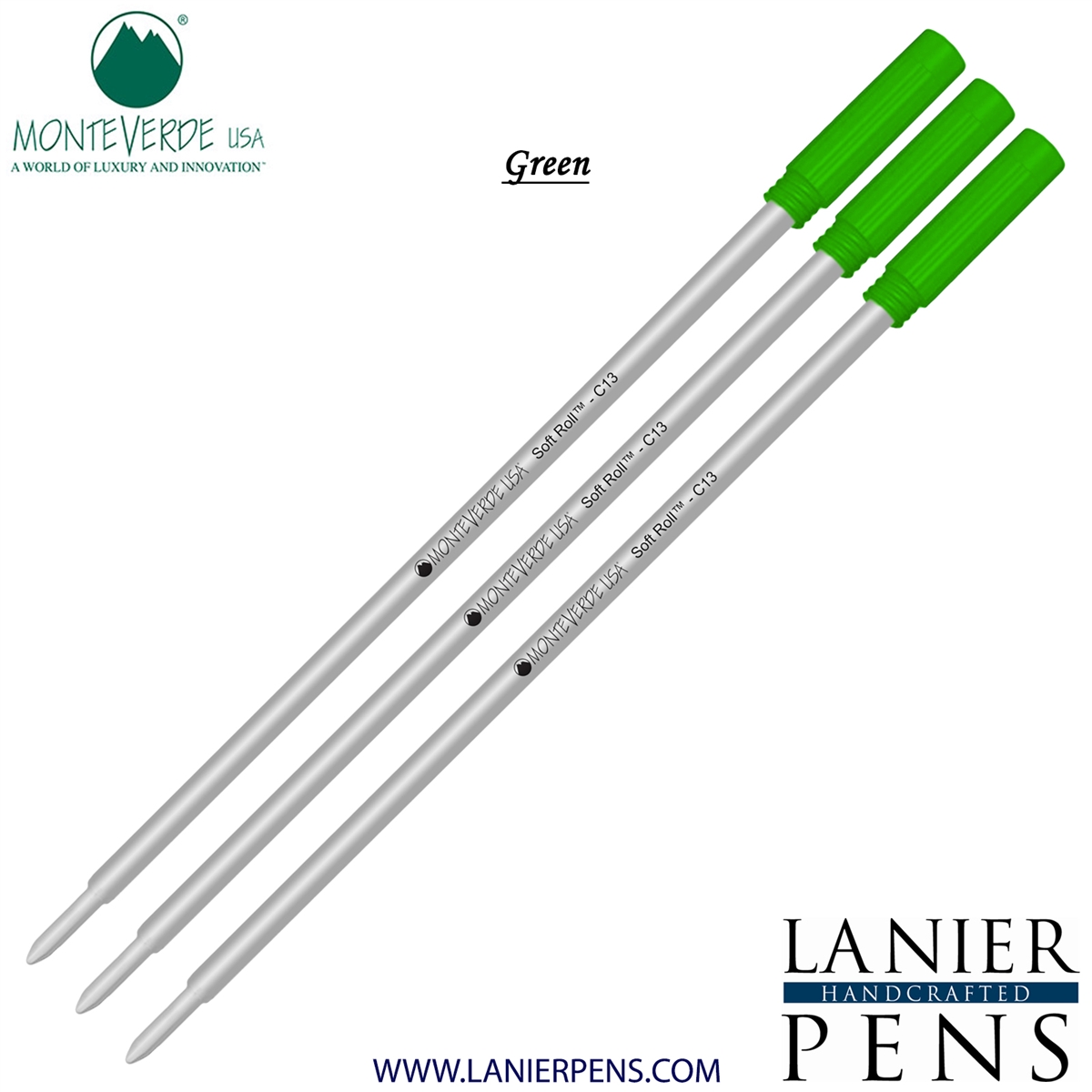 3 Pack - Monteverde Soft Roll Ballpoint C13 Paste Ink Refill Compatible with most Cross Style Ballpoint Pens - Green (Medium Tip 0.7mm) - Lanier Pens