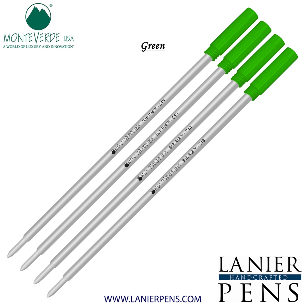 4 Pack - Monteverde Soft Roll Ballpoint C13 Paste Ink Refill Compatible with most Cross Style Ballpoint Pens - Green (Medium Tip 0.7mm) - Lanier Pens