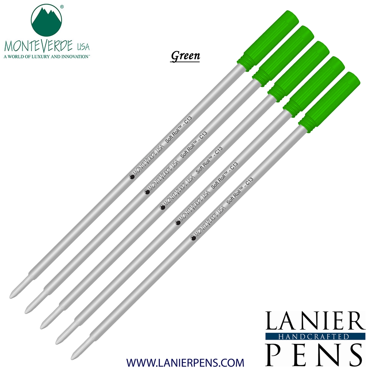 5 Pack - Monteverde Soft Roll Ballpoint C13 Paste Ink Refill Compatible with most Cross Style Ballpoint Pens - Green (Medium Tip 0.7mm) - Lanier Pens