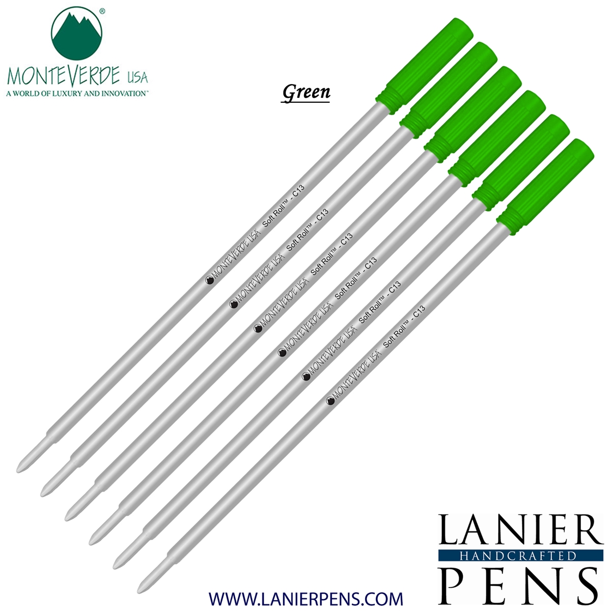 6 Pack - Monteverde Soft Roll Ballpoint C13 Paste Ink Refill Compatible with most Cross Style Ballpoint Pens - Green (Medium Tip 0.7mm) - Lanier Pens