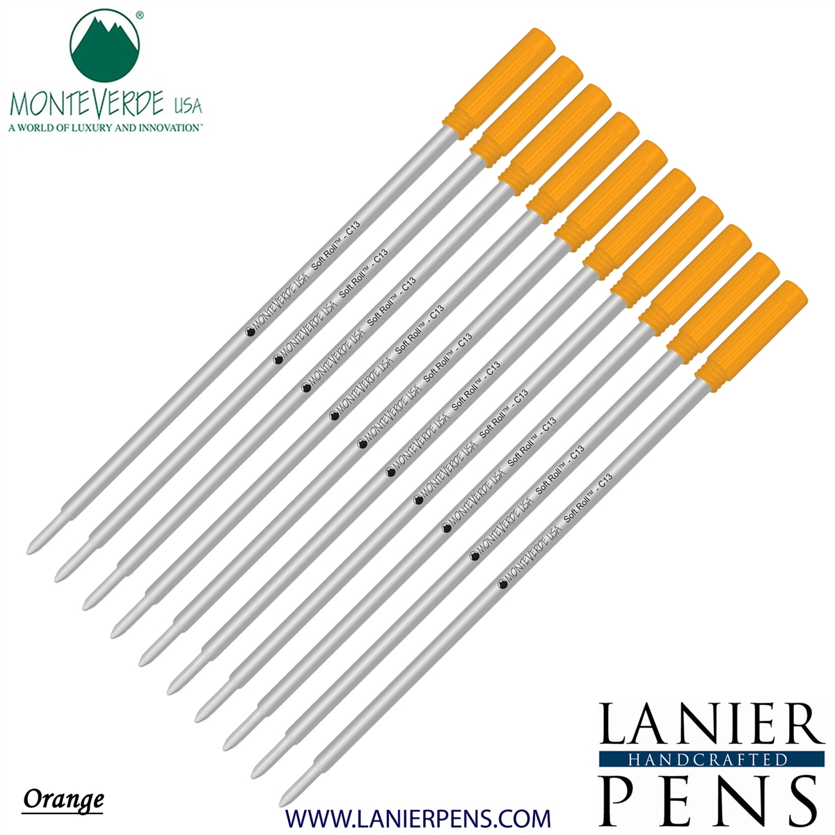 10 Pack - Monteverde Soft Roll Ballpoint C13 Paste Ink Refill Compatible with most Cross Style Ballpoint Pens - Orange (Medium Tip 0.7mm) - Lanier Pens