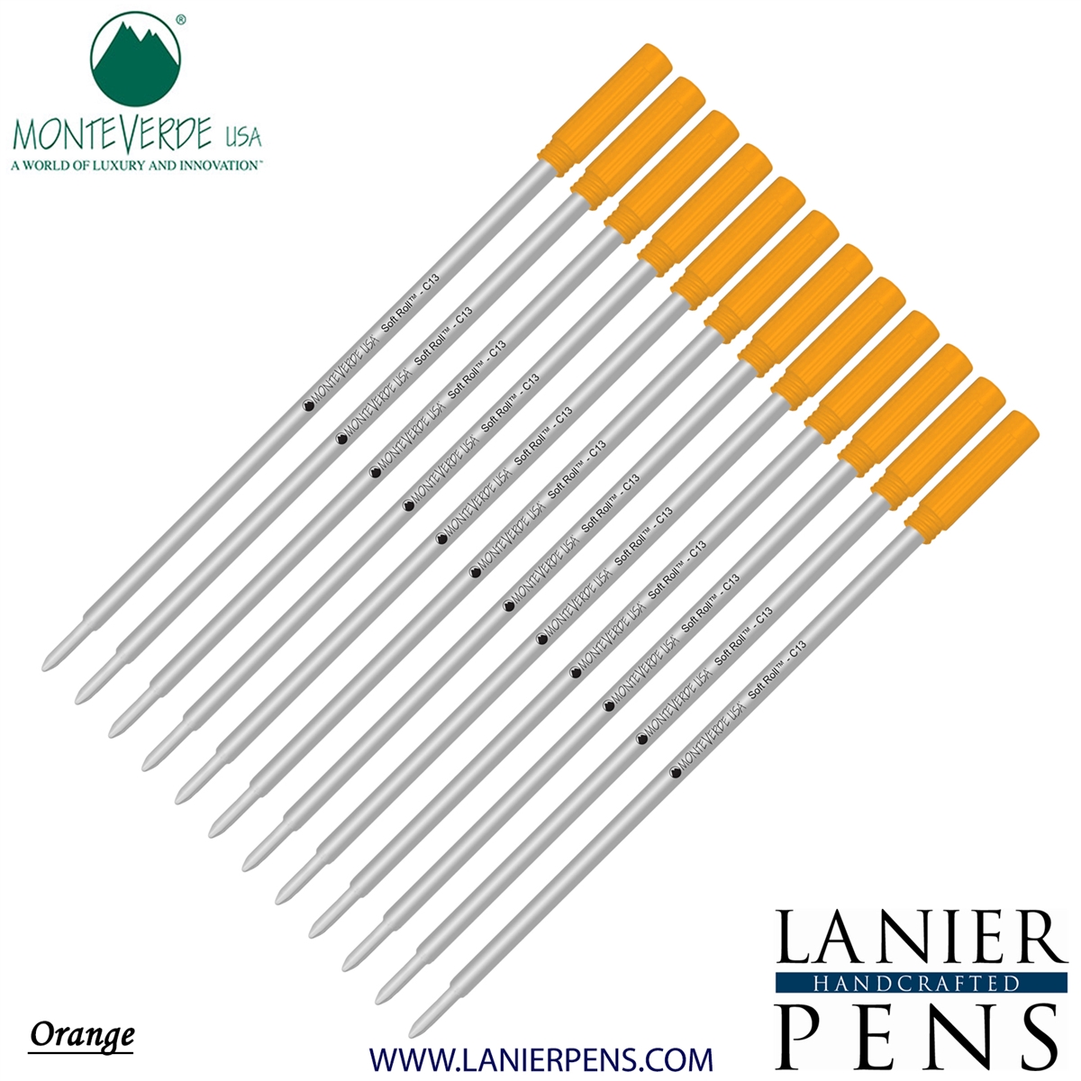 12 Pack - Monteverde Soft Roll Ballpoint C13 Paste Ink Refill Compatible with most Cross Style Ballpoint Pens - Orange (Medium Tip 0.7mm) - Lanier Pens