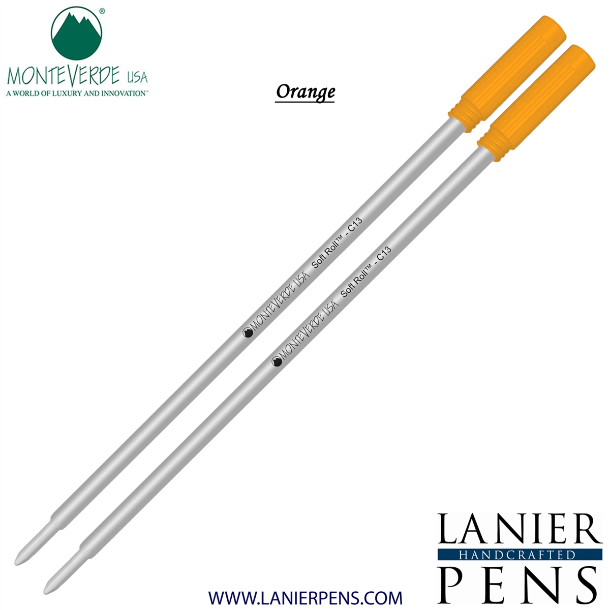 2 Pack - Monteverde Soft Roll Ballpoint C13 Paste Ink Refill Compatible with most Cross Style Ballpoint Pens - Orange (Medium Tip 0.7mm) - Lanier Pens