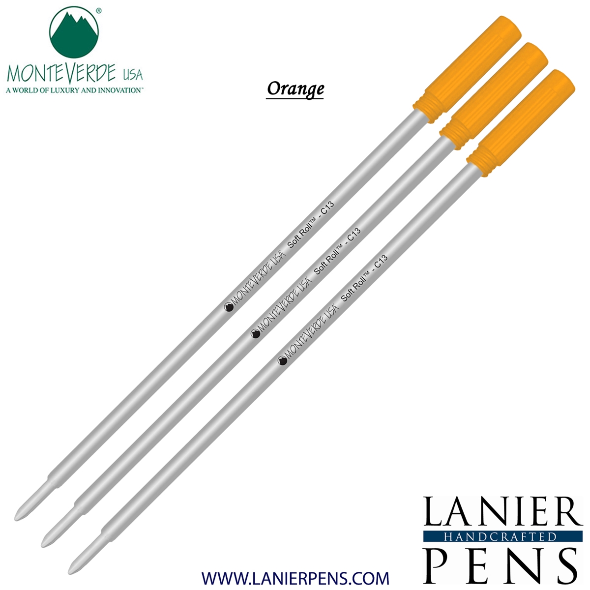3 Pack - Monteverde Soft Roll Ballpoint C13 Paste Ink Refill Compatible with most Cross Style Ballpoint Pens - Orange (Medium Tip 0.7mm) - Lanier Pens
