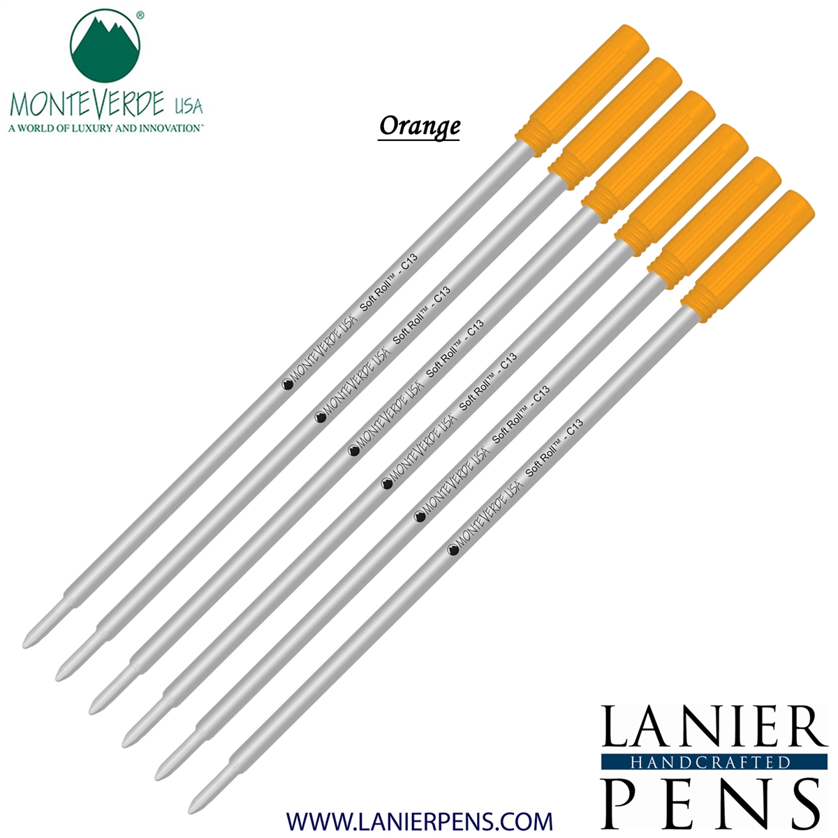 6 Pack - Monteverde Soft Roll Ballpoint C13 Paste Ink Refill Compatible with most Cross Style Ballpoint Pens - Orange (Medium Tip 0.7mm) - Lanier Pens