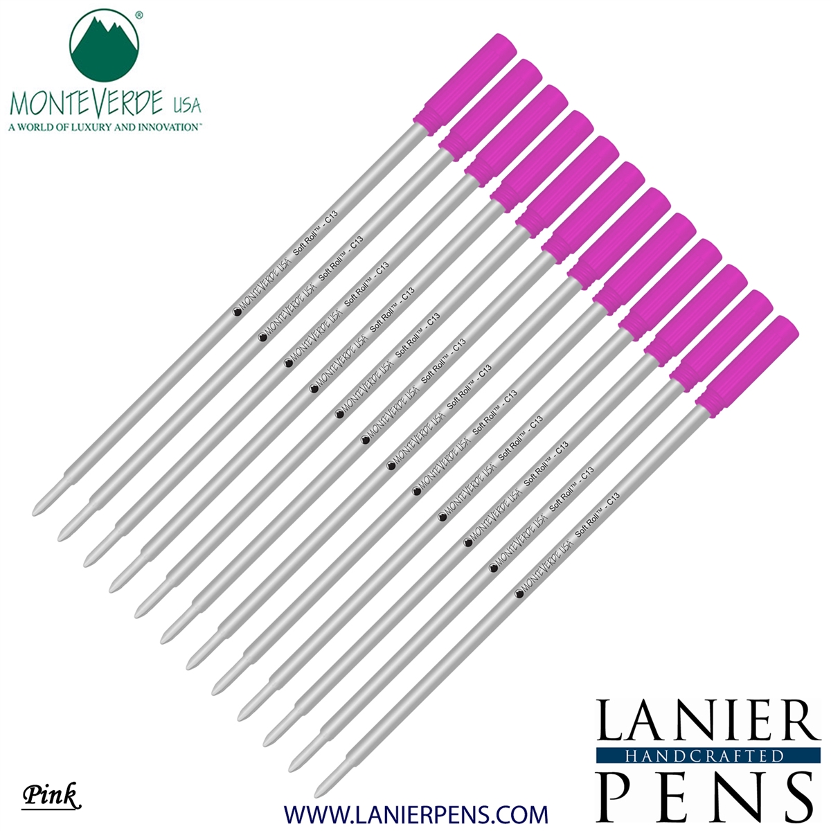 12 Pack - Monteverde Soft Roll Ballpoint C13 Paste Ink Refill Compatible with most Cross Style Ballpoint Pens - Pink (Medium Tip 0.7mm) - Lanier Pens