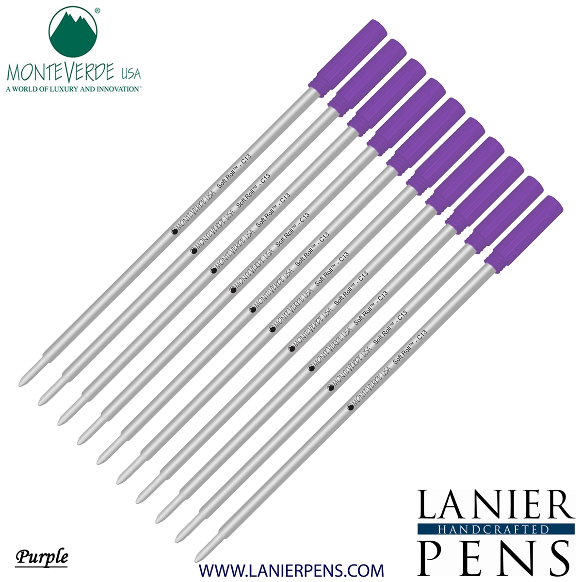 10 Pack - Monteverde Soft Roll Ballpoint C13 Paste Ink Refill Compatible with most Cross Style Ballpoint Pens - Purple (Medium Tip 0.7mm) - Lanier Pens