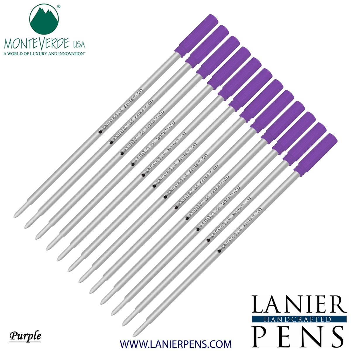 12 Pack - Monteverde Soft Roll Ballpoint C13 Paste Ink Refill Compatible with most Cross Style Ballpoint Pens - Purple (Medium Tip 0.7mm) - Lanier Pens