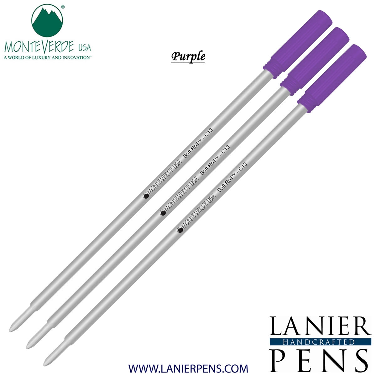 3 Pack - Monteverde Soft Roll Ballpoint C13 Paste Ink Refill Compatible with most Cross Style Ballpoint Pens - Purple (Medium Tip 0.7mm) - Lanier Pens