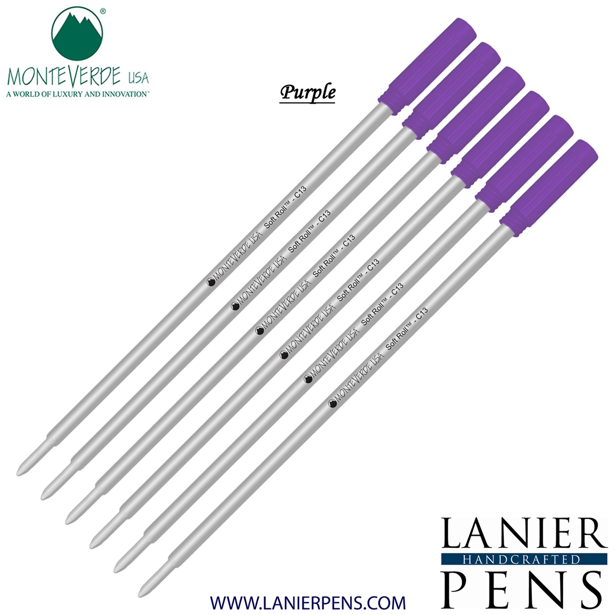 6 Pack - Monteverde Soft Roll Ballpoint C13 Paste Ink Refill Compatible with most Cross Style Ballpoint Pens - Purple (Medium Tip 0.7mm) - Lanier Pens