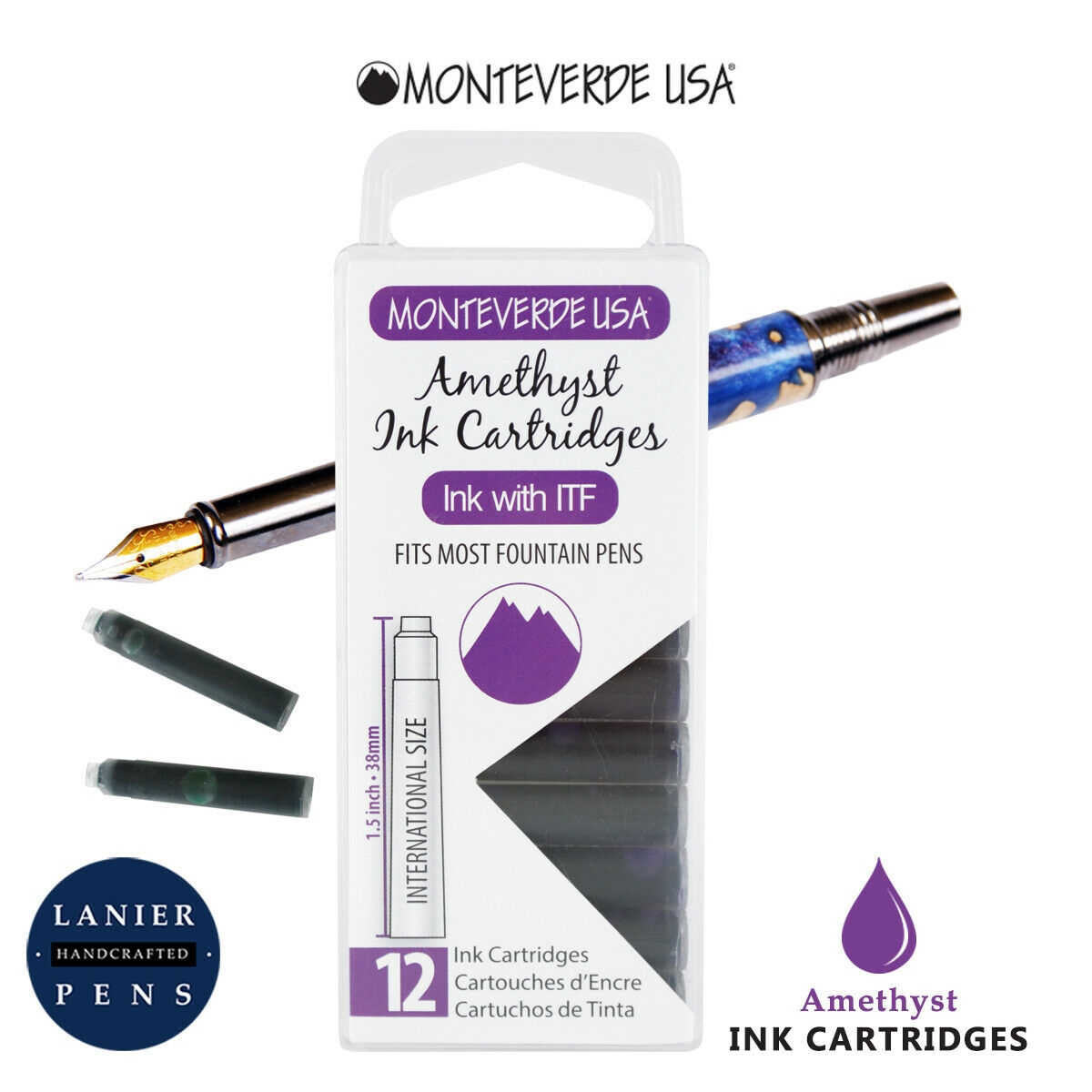 Monteverde G305AM Ink Cartridges Clear Case Gemstone Amethyst- Pack of 12