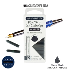 Monteverde G305BB Ink Cartridges Clear Case Gemstone Blue/Black- Pack of 12